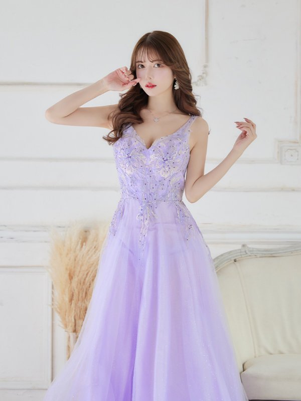 画像7: 【Lip line/リップライン】フラワー刺繍/ Vネック/ Aライン/ ノースリーブ/ プリンセス/ フレア/ ロングドレス/ キャバドレス long[HC03]