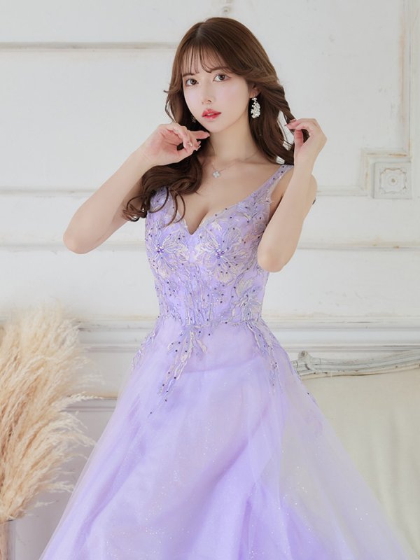 画像8: 【Lip line/リップライン】フラワー刺繍/ Vネック/ Aライン/ ノースリーブ/ プリンセス/ フレア/ ロングドレス/ キャバドレス long[HC03]