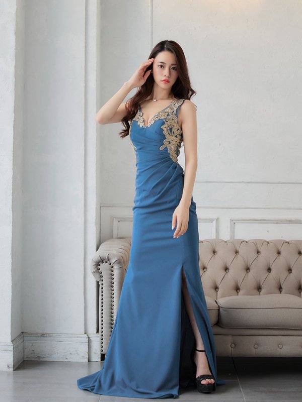 画像3: 【Lip line/リップライン】レース刺繍/ タック/ スリット/ ノースリーブ/ ストレッチ/ ロングドレス/ キャバドレス long[HC03]