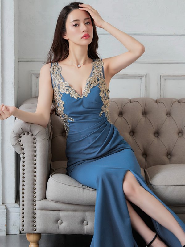 画像4: 【Lip line/リップライン】レース刺繍/ タック/ スリット/ ノースリーブ/ ストレッチ/ ロングドレス/ キャバドレス long[HC03]