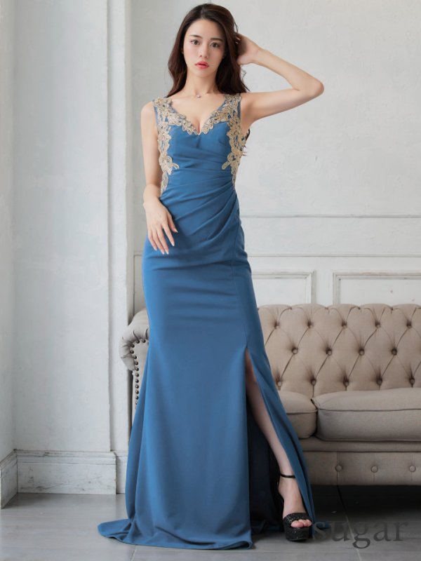 画像7: 【Lip line/リップライン】レース刺繍/ タック/ スリット/ ノースリーブ/ ストレッチ/ ロングドレス/ キャバドレス long[HC03]