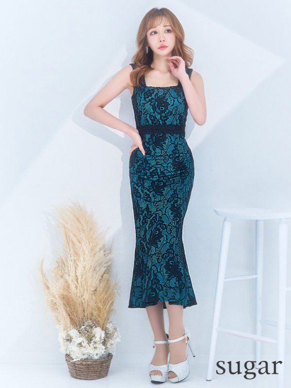 画像7: Lサイズあり【VANESSA HEART / ヴァネッサハート】【OF05】マーメイド/ 総レース/ ハイウエスト/ スクエアネック/ ノースリーブ/ ワンピース/ ミモレ丈/ ミディアムドレス/ キャバドレス