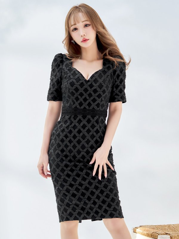 画像22: Lサイズあり【VANESSA HEART / ヴァネッサハート】【OF05】チェック/ 膨れジャガード/ 袖あり/ 半袖/ タイト/ ひざ丈/ ミディアムドレス/ ワンピース/ キャバドレス