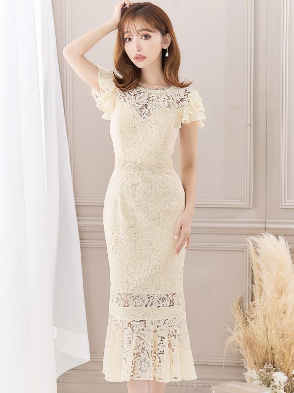 画像21: Lサイズあり【VANESSA HEART / ヴァネッサハート】【OF05】マーメイド/ 総レース/ フリルショルダー/ ハートネック/ 切り替えデザイン/ ミモレ丈/ ミディアムドレス/ キャバドレス