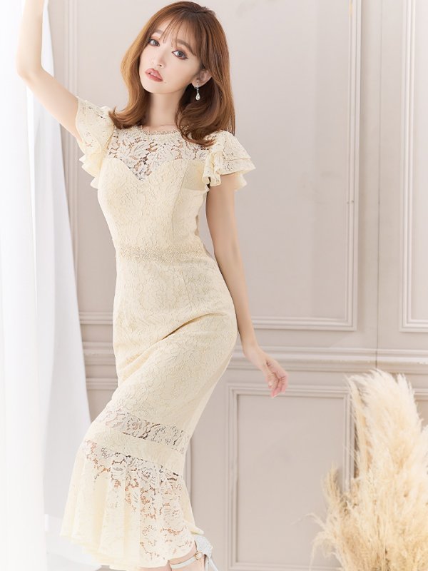 画像22: Lサイズあり【VANESSA HEART / ヴァネッサハート】【OF05】マーメイド/ 総レース/ フリルショルダー/ ハートネック/ 切り替えデザイン/ ミモレ丈/ ミディアムドレス/ キャバドレス