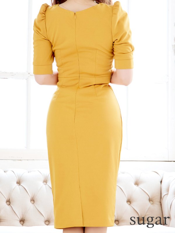 画像12: Lサイズあり【VANESSA HEART / ヴァネッサハート】【OF05】ワンカラー/ 半袖/ 袖あり/ パフスリーブ/ スリットネック/ キーネック/ パール/ タック/ タイト/ 膝丈/ ミディアムドレス/ キャバドレス