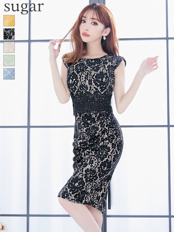 Lサイズあり【VANESSA HEART / ヴァネッサハート】【OF05】フラワーレース/ ノースリーブ/ ウエストシアー/ タック/ タイト/ 膝丈/ ミディアムドレス/ キャバドレス ブラックベージュ