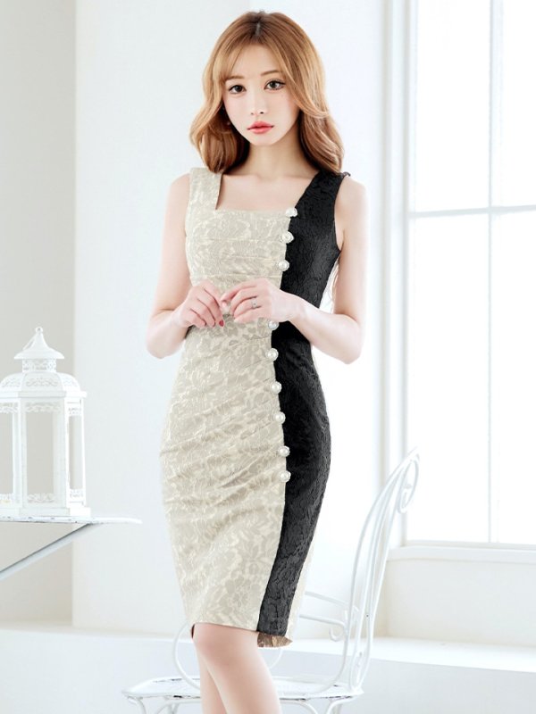 画像22: Lサイズあり【VANESSA HEART / ヴァネッサハート】【OF05】バイカラー/ レース/ スクエアネック/ ノースリーブ/ パールボタン/ タイト/ ひざ丈/ ミディアムドレス/ キャバドレス