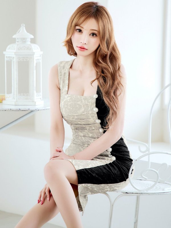 画像23: Lサイズあり【VANESSA HEART / ヴァネッサハート】【OF05】バイカラー/ レース/ スクエアネック/ ノースリーブ/ パールボタン/ タイト/ ひざ丈/ ミディアムドレス/ キャバドレス