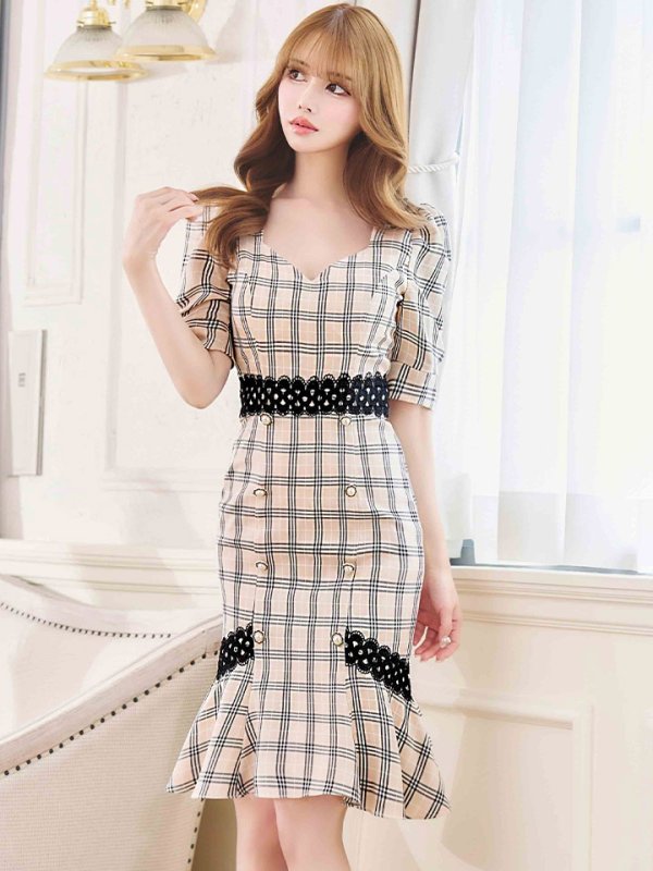 画像5: Lサイズあり【VANESSA HEART / ヴァネッサハート】【OF05】マーメイド/ タータンチェック柄/ 袖あり/ 半袖/ 五分袖/ パフスリーブ/ レース/ 膝丈/ ミディアムドレス/ キャバドレス