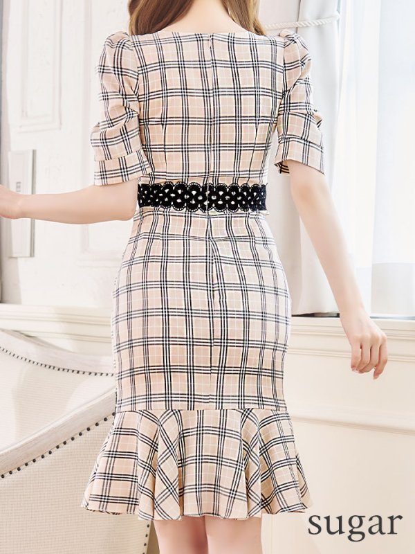 画像9: Lサイズあり【VANESSA HEART / ヴァネッサハート】【OF05】マーメイド/ タータンチェック柄/ 袖あり/ 半袖/ 五分袖/ パフスリーブ/ レース/ 膝丈/ ミディアムドレス/ キャバドレス