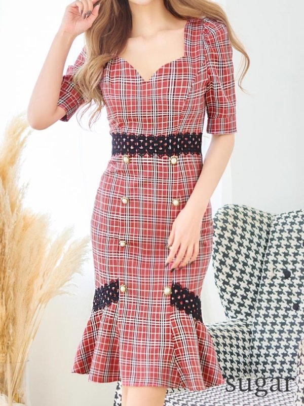 画像26: Lサイズあり【VANESSA HEART / ヴァネッサハート】【OF05】マーメイド/ タータンチェック柄/ 袖あり/ 半袖/ 五分袖/ パフスリーブ/ レース/ 膝丈/ ミディアムドレス/ キャバドレス