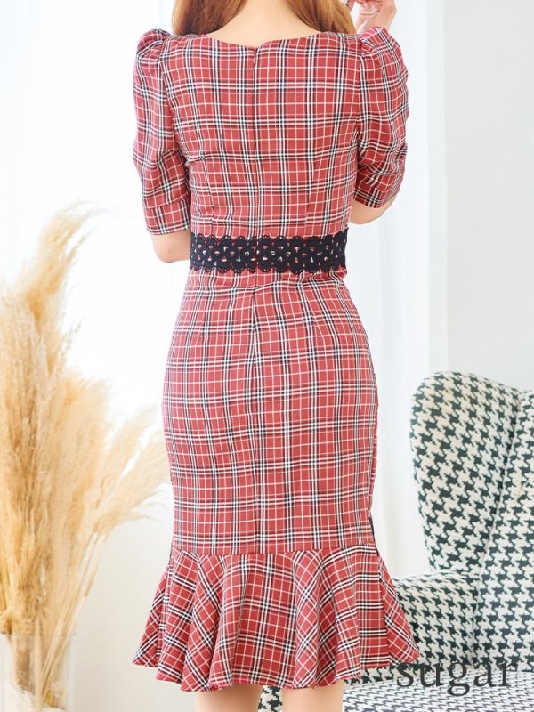 画像27: Lサイズあり【VANESSA HEART / ヴァネッサハート】【OF05】マーメイド/ タータンチェック柄/ 袖あり/ 半袖/ 五分袖/ パフスリーブ/ レース/ 膝丈/ ミディアムドレス/ キャバドレス