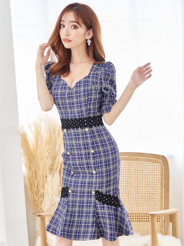 画像12: Lサイズあり【VANESSA HEART / ヴァネッサハート】【OF05】マーメイド/ タータンチェック柄/ 袖あり/ 半袖/ 五分袖/ パフスリーブ/ レース/ 膝丈/ ミディアムドレス/ キャバドレス