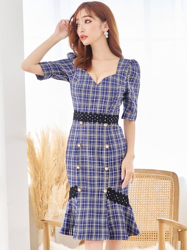 画像14: Lサイズあり【VANESSA HEART / ヴァネッサハート】【OF05】マーメイド/ タータンチェック柄/ 袖あり/ 半袖/ 五分袖/ パフスリーブ/ レース/ 膝丈/ ミディアムドレス/ キャバドレス