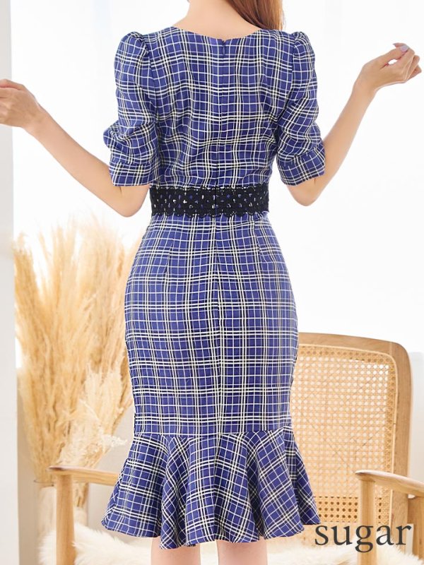 画像18: Lサイズあり【VANESSA HEART / ヴァネッサハート】【OF05】マーメイド/ タータンチェック柄/ 袖あり/ 半袖/ 五分袖/ パフスリーブ/ レース/ 膝丈/ ミディアムドレス/ キャバドレス