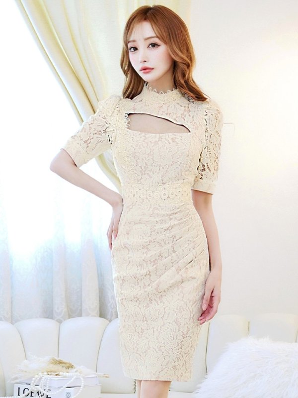 画像25: Lサイズあり【VANESSA HEART / ヴァネッサハート】【OF05】 総レース/ バストカットアウト/ 袖あり/ 半袖/ フリル/ タイト/ 膝丈/ ミディアムドレス/ キャバドレス