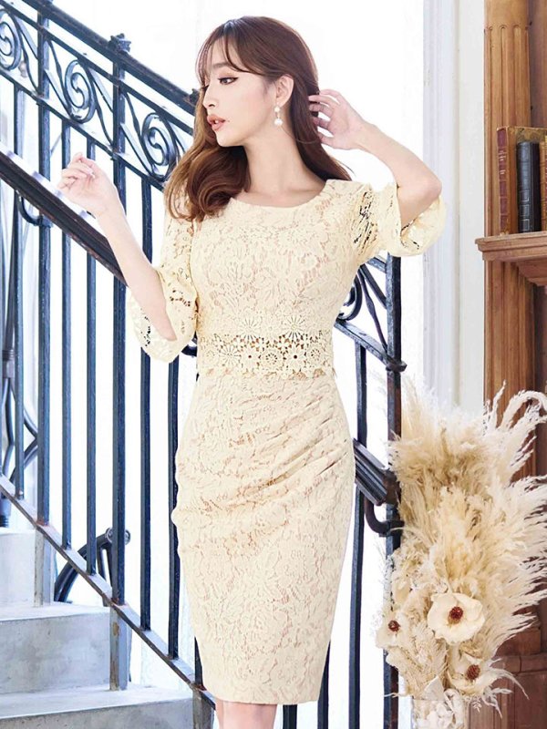 画像5: Lサイズあり【VANESSA HEART / ヴァネッサハート】【OF05】 総レース/ ワンカラー/ 袖あり/ 七分袖/ タイト/ 膝丈/ ミディアムドレス/ キャバドレス