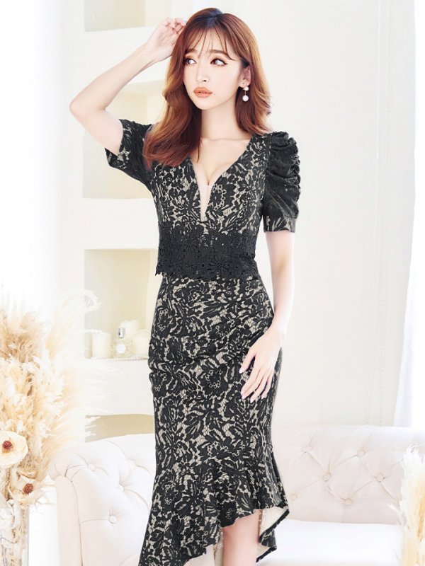 画像41: Lサイズあり【VANESSA HEART / ヴァネッサハート】【OF05】総レース/ パフスリーブ/ 袖あり/ タック/ 裾フリル/ 切り替えデザイン/ アシメスカート/ ミディアムドレス/ キャバドレス