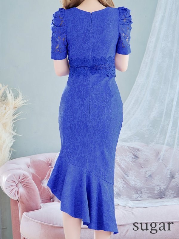 画像12: Lサイズあり【VANESSA HEART / ヴァネッサハート】【OF05】総レース/ パフスリーブ/ 袖あり/ タック/ 裾フリル/ 切り替えデザイン/ アシメスカート/ ミディアムドレス/ キャバドレス