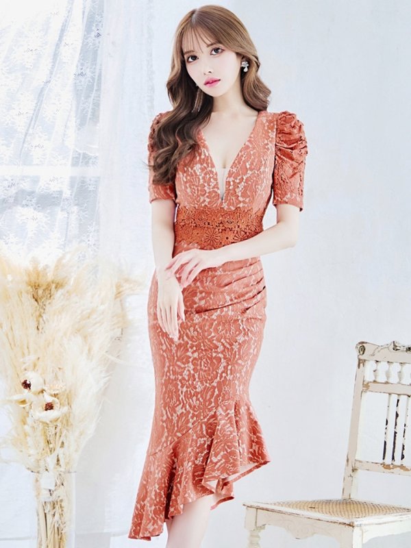 画像24: Lサイズあり【VANESSA HEART / ヴァネッサハート】【OF05】総レース/ パフスリーブ/ 袖あり/ タック/ 裾フリル/ 切り替えデザイン/ アシメスカート/ ミディアムドレス/ キャバドレス