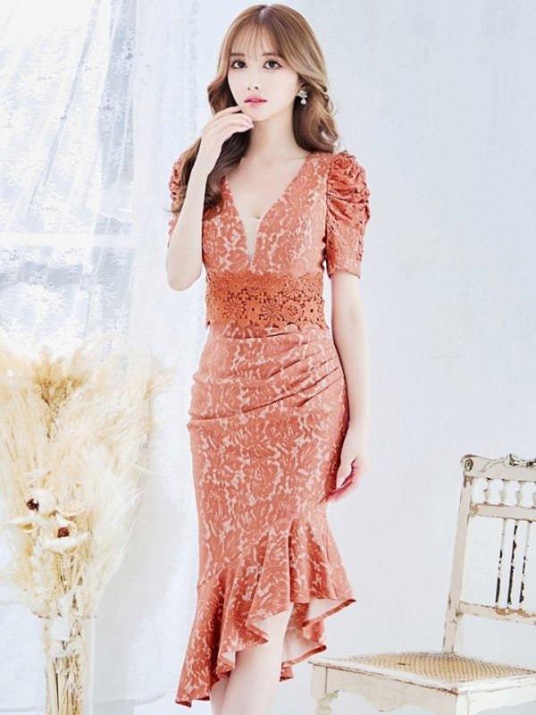 画像26: Lサイズあり【VANESSA HEART / ヴァネッサハート】【OF05】総レース/ パフスリーブ/ 袖あり/ タック/ 裾フリル/ 切り替えデザイン/ アシメスカート/ ミディアムドレス/ キャバドレス