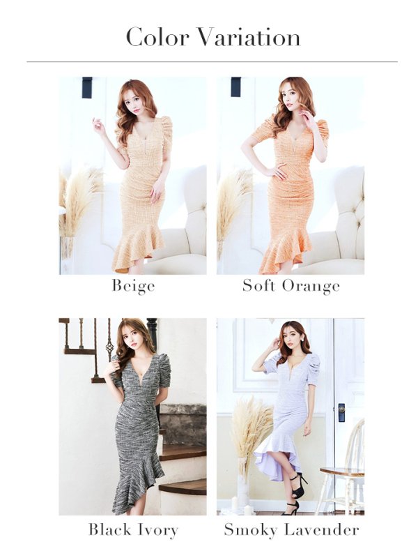 画像34: Lサイズあり【VANESSA HEART / ヴァネッサハート】【OF05】 ツイード/ アシンメトリー/ パフスリーブ/ 半袖/ 袖あり/ ひざ丈/ 裾フリル/ ストレッチ/ ミディアムドレス/ キャバドレス