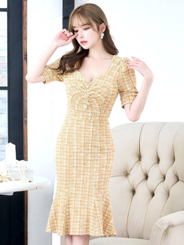 画像25: Lサイズあり【VANESSA HEART / ヴァネッサハート】【OF05】 チェック柄/ ストレッチ/ パフスリーブ/ 半袖/ 袖あり/ ひざ丈/ 裾フリル/ マーメイド/ ミディアムドレス/ キャバドレス