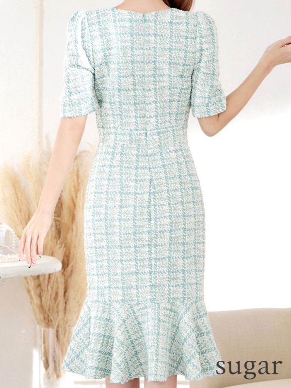 画像9: Lサイズあり【VANESSA HEART / ヴァネッサハート】【OF05】 チェック柄/ ストレッチ/ パフスリーブ/ 半袖/ 袖あり/ ひざ丈/ 裾フリル/ マーメイド/ ミディアムドレス/ キャバドレス