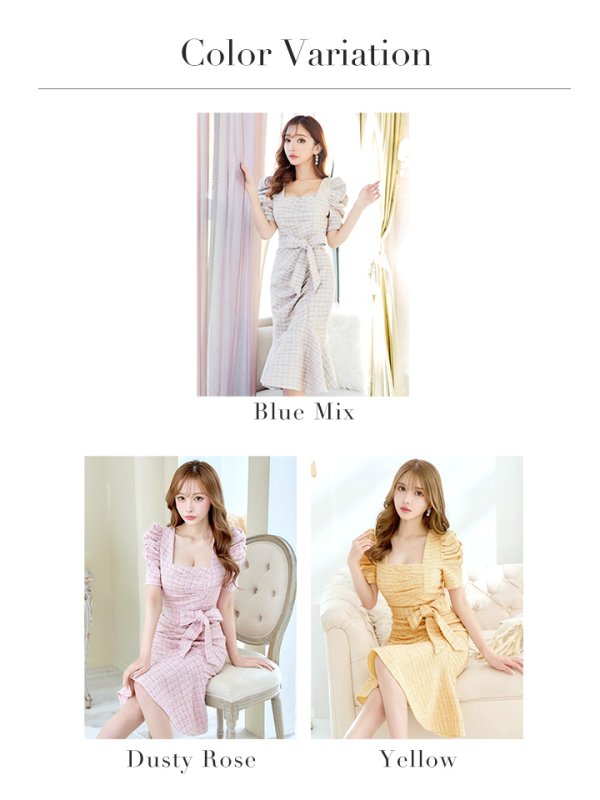 画像34: Lサイズあり【VANESSA HEART / ヴァネッサハート】【OF05】 ミックスツイード/ スクエアネック/ パフスリーブ/ 半袖/ 袖あり/ ひざ丈/ ウエストリボン/ 裾フリル/ マーメイド/ ミディアムドレス/ キャバドレス