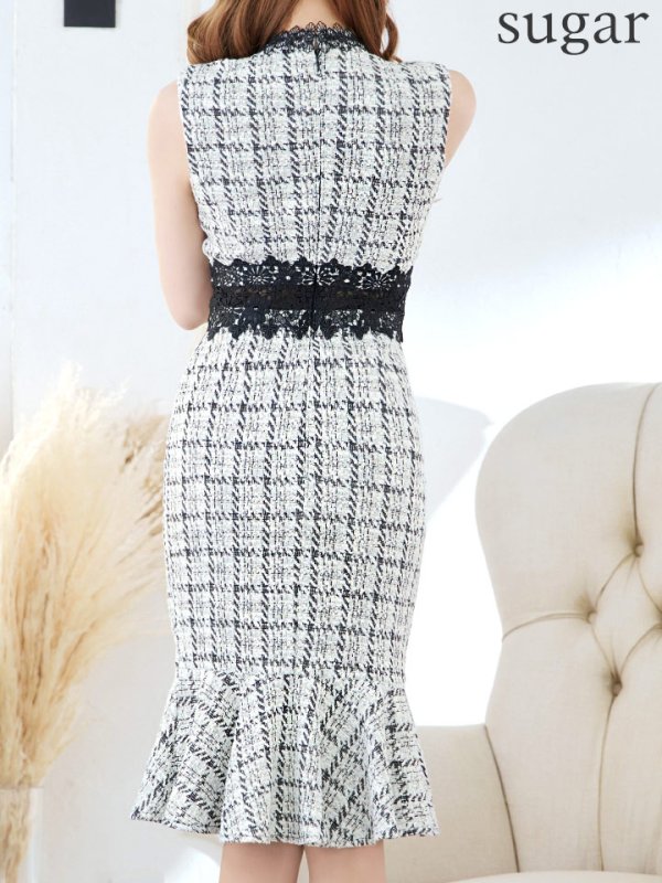 画像18: Lサイズあり【VANESSA HEART / ヴァネッサハート】【OF05】 チェック柄/ ストレッチ/ ツイード/ フラワーレース/ ノースリーブ/ ひざ丈/ 裾フリル/ マーメイド/ ミディアムドレス/ キャバドレス