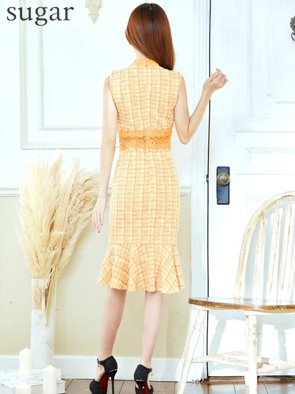 画像9: Lサイズあり【VANESSA HEART / ヴァネッサハート】【OF05】 チェック柄/ ストレッチ/ ツイード/ フラワーレース/ ノースリーブ/ ひざ丈/ 裾フリル/ マーメイド/ ミディアムドレス/ キャバドレス