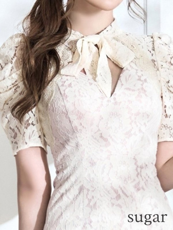 画像24: Lサイズあり【VANESSA HEART / ヴァネッサハート】【OF05】総レース/ ネックリボン/ 半袖/ 袖あり/ タイト/ ミディアムドレス/ キャバドレス