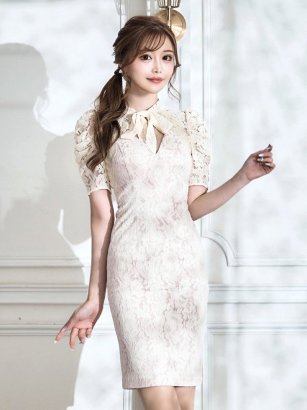 画像17: Lサイズあり【VANESSA HEART / ヴァネッサハート】【OF05】総レース/ ネックリボン/ 半袖/ 袖あり/ タイト/ ミディアムドレス/ キャバドレス