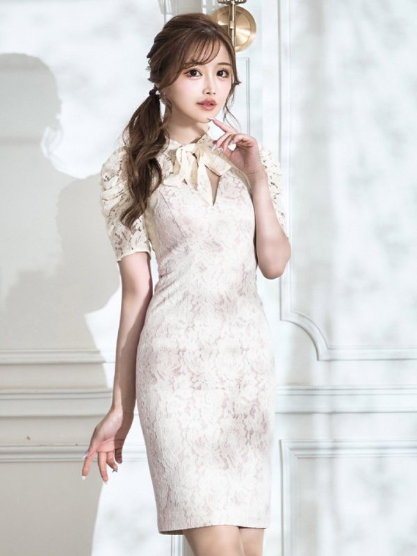 画像18: Lサイズあり【VANESSA HEART / ヴァネッサハート】【OF05】総レース/ ネックリボン/ 半袖/ 袖あり/ タイト/ ミディアムドレス/ キャバドレス