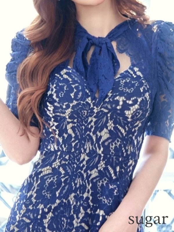 画像13: Lサイズあり【VANESSA HEART / ヴァネッサハート】【OF05】総レース/ ネックリボン/ 半袖/ 袖あり/ タイト/ ミディアムドレス/ キャバドレス