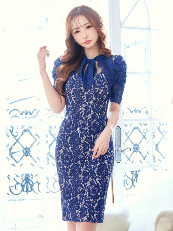 画像6: Lサイズあり【VANESSA HEART / ヴァネッサハート】【OF05】総レース/ ネックリボン/ 半袖/ 袖あり/ タイト/ ミディアムドレス/ キャバドレス