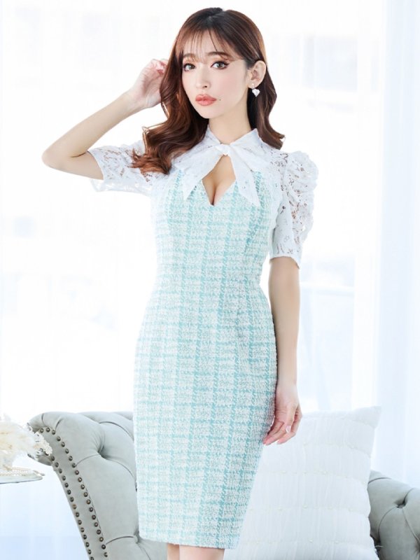 画像21: Lサイズあり【VANESSA HEART / ヴァネッサハート】【OF05】ツイード/ チェック/ パフスリーブ/ 袖あり/ レース/ リボン/ タイト/ ミディアムドレス/ キャバドレス