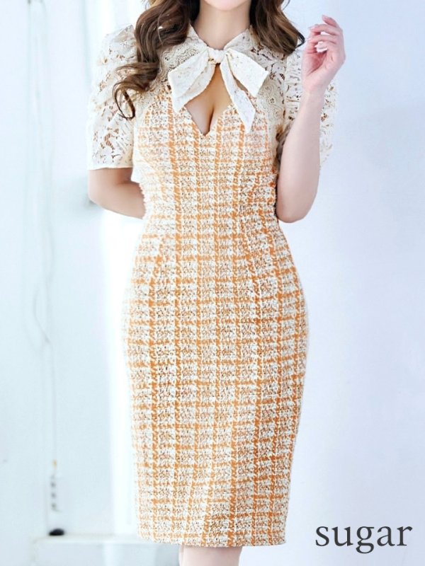 画像17: Lサイズあり【VANESSA HEART / ヴァネッサハート】【OF05】ツイード/ チェック/ パフスリーブ/ 袖あり/ レース/ リボン/ タイト/ ミディアムドレス/ キャバドレス