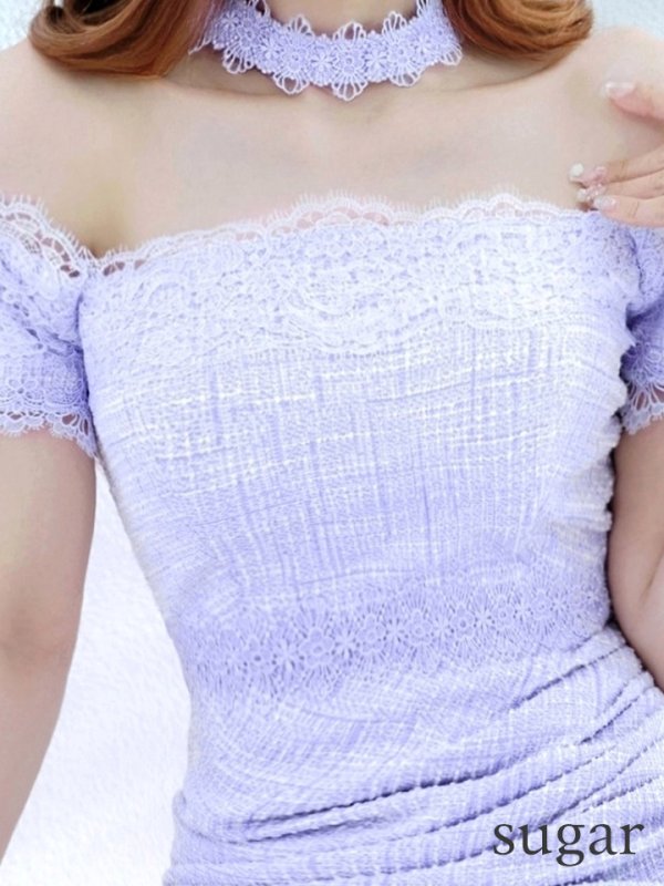 画像22: Lサイズあり【VANESSA HEART / ヴァネッサハート】【OF05】チョーカー付き/ レース/ ツイード/ オフショル/ アシンメトリー/ 裾フリル/ ひざ丈/ ミディアムドレス/ ワンピース/ キャバドレス