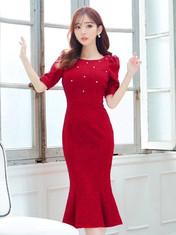 画像5: Lサイズあり【VANESSA HEART / ヴァネッサハート】【OF05】 パール/ フラワーレース/ ボートネック/ パフスリーブ/ 半袖/ 袖あり/ ひざ丈/ マーメイド/ ミディアムドレス/ キャバドレス