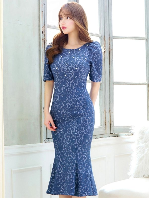 画像14: Lサイズあり【VANESSA HEART / ヴァネッサハート】【OF05】 パール/ フラワーレース/ ボートネック/ パフスリーブ/ 半袖/ 袖あり/ ひざ丈/ マーメイド/ ミディアムドレス/ キャバドレス