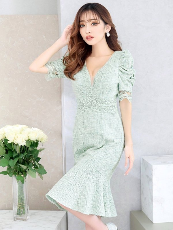 画像4: Lサイズあり【VANESSA HEART / ヴァネッサハート】【OF05】 パフスリーブ/ ツイード/ 半袖/ 袖あり/ ひざ丈/ 裾フリル/ マーメイド/ ミディアムドレス/ キャバドレス