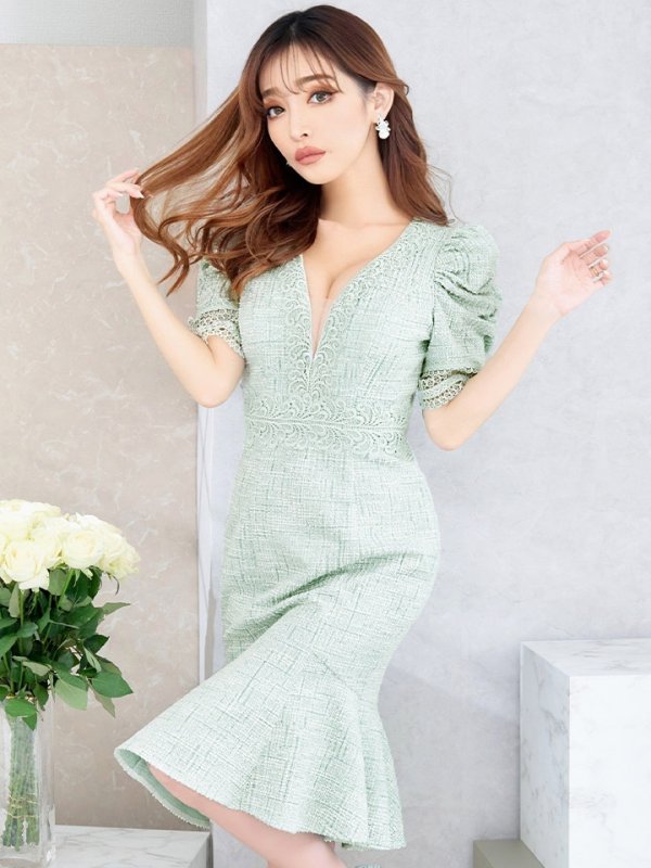 画像5: Lサイズあり【VANESSA HEART / ヴァネッサハート】【OF05】 パフスリーブ/ ツイード/ 半袖/ 袖あり/ ひざ丈/ 裾フリル/ マーメイド/ ミディアムドレス/ キャバドレス