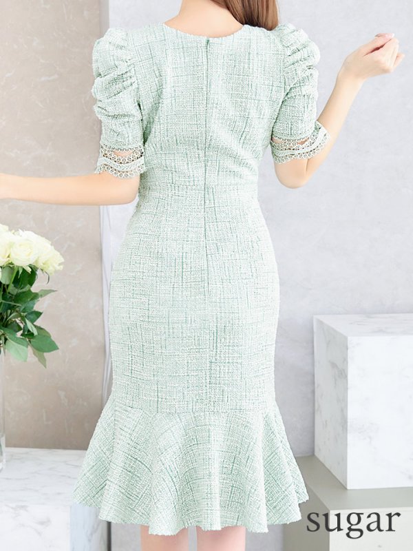 画像9: Lサイズあり【VANESSA HEART / ヴァネッサハート】【OF05】 パフスリーブ/ ツイード/ 半袖/ 袖あり/ ひざ丈/ 裾フリル/ マーメイド/ ミディアムドレス/ キャバドレス