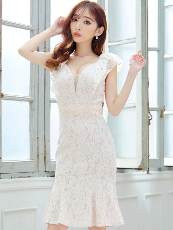 画像24: Lサイズあり【VANESSA HEART / ヴァネッサハート】【OF05】 マーメイド/ フラワーレース/ フリル/ ワンカラー/ シアー/ タイト/ 膝丈/ ミディアムドレス/ キャバドレス