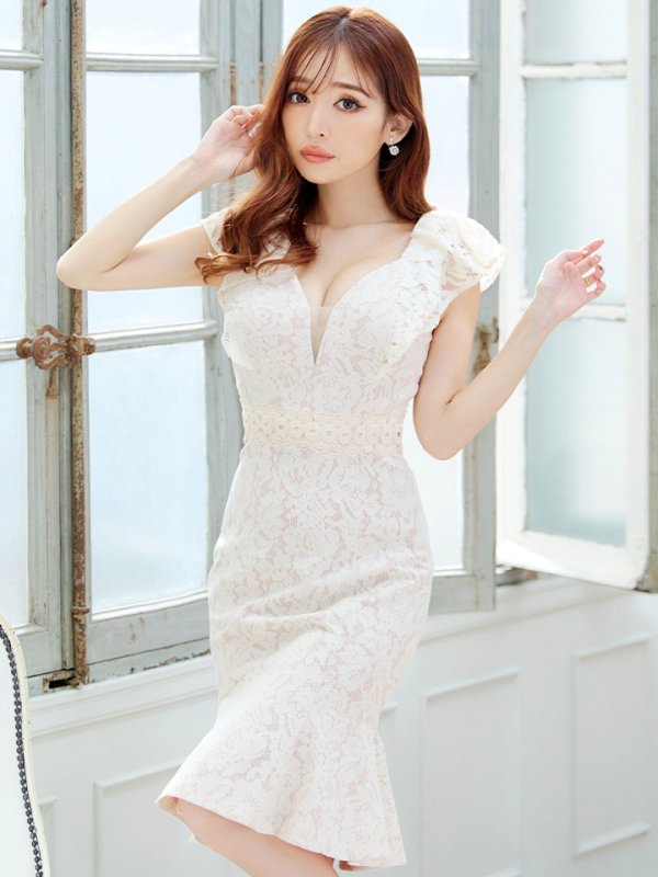 画像25: Lサイズあり【VANESSA HEART / ヴァネッサハート】【OF05】 マーメイド/ フラワーレース/ フリル/ ワンカラー/ シアー/ タイト/ 膝丈/ ミディアムドレス/ キャバドレス