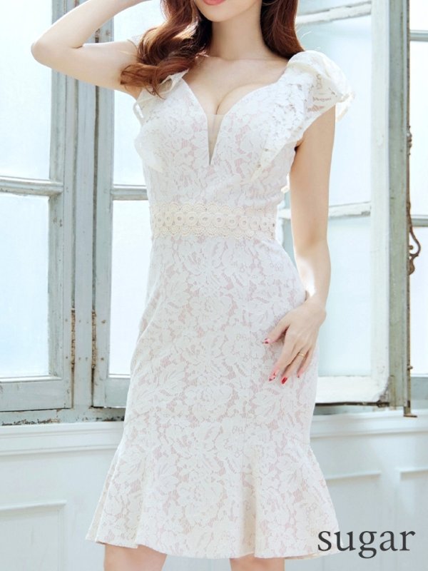 画像29: Lサイズあり【VANESSA HEART / ヴァネッサハート】【OF05】 マーメイド/ フラワーレース/ フリル/ ワンカラー/ シアー/ タイト/ 膝丈/ ミディアムドレス/ キャバドレス