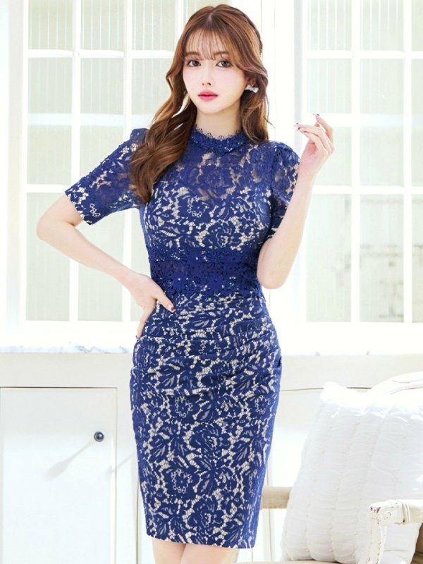 画像30: Lサイズあり【VANESSA HEART / ヴァネッサハート】 フラワーレース/ 半袖/ 袖あり/ サイドタック/ タイト/ 膝丈/ ミディアムドレス/ キャバドレス[OF05]