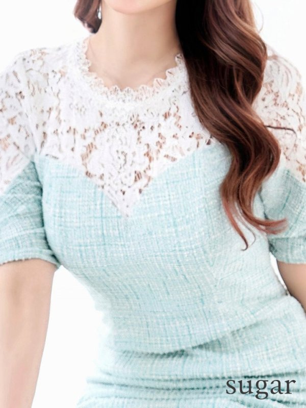 画像30: Lサイズあり【VANESSA HEART / ヴァネッサハート】【OF05】 フラワーレース/ 切り替え/ ツイード/ 半袖/ 袖あり/ ひざ丈/ 裾フリル/ マーメイド/ ミディアムドレス/ キャバドレス